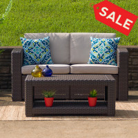 Flash Furniture DAD-SF1-2-GG Chocolate Brown Faux Rattan Loveseat with All-Weather Beige Cushions 